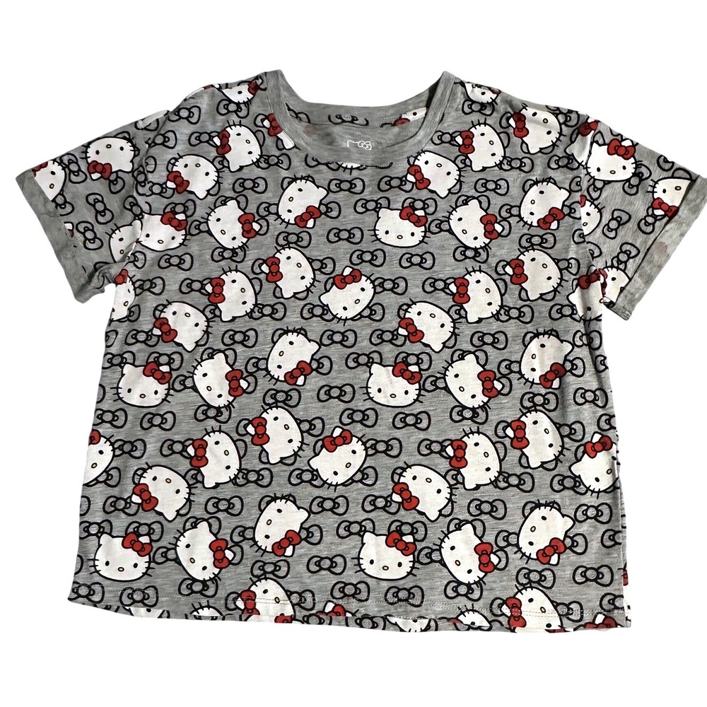Hello Kitty Sanrio Girls Gray All Over Print T-Shirt XL 16 Short Sleeve Crew